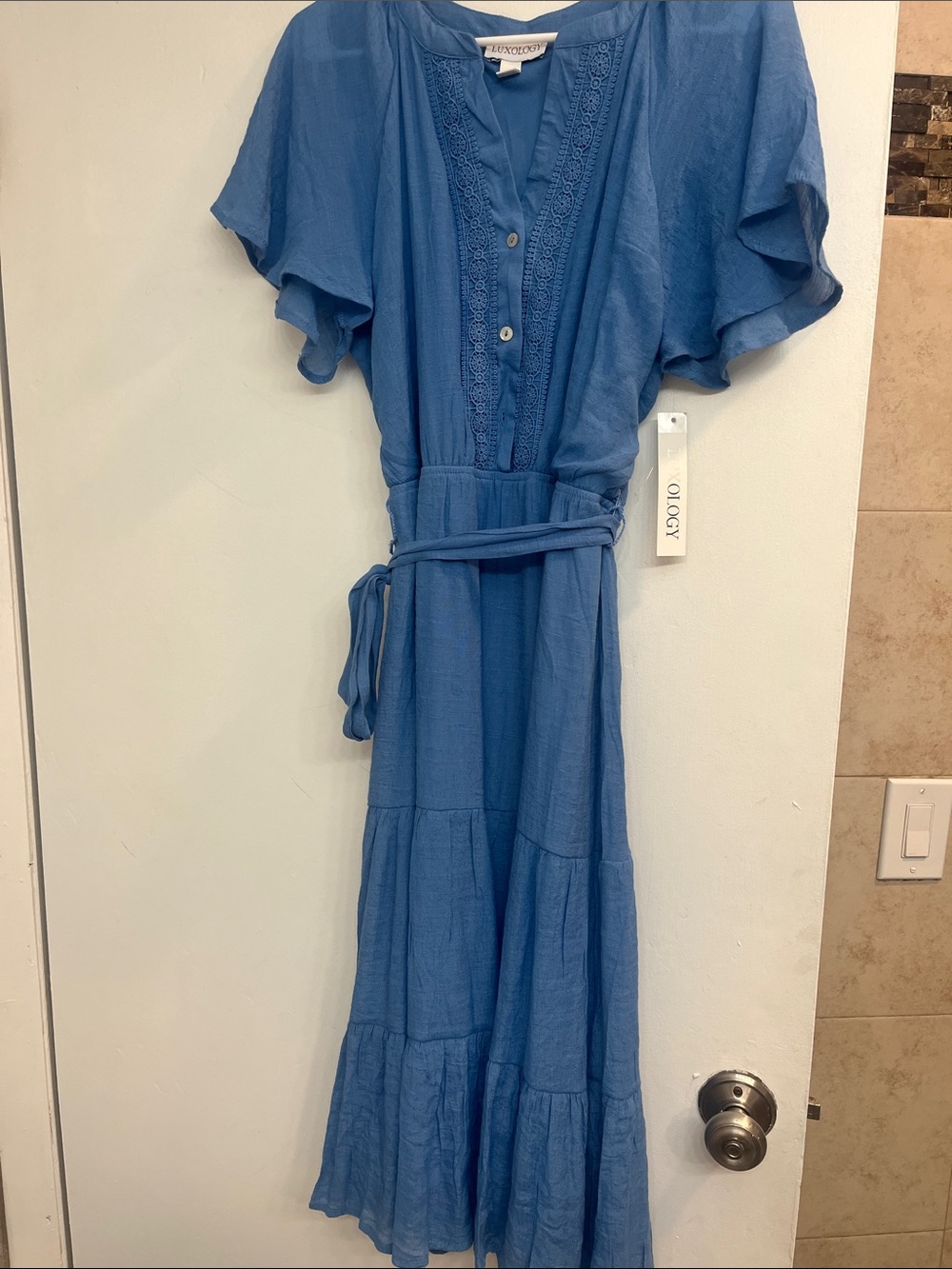 Luxology Blue Flutter-Sleeve Tiered Maxi Dress with Tie